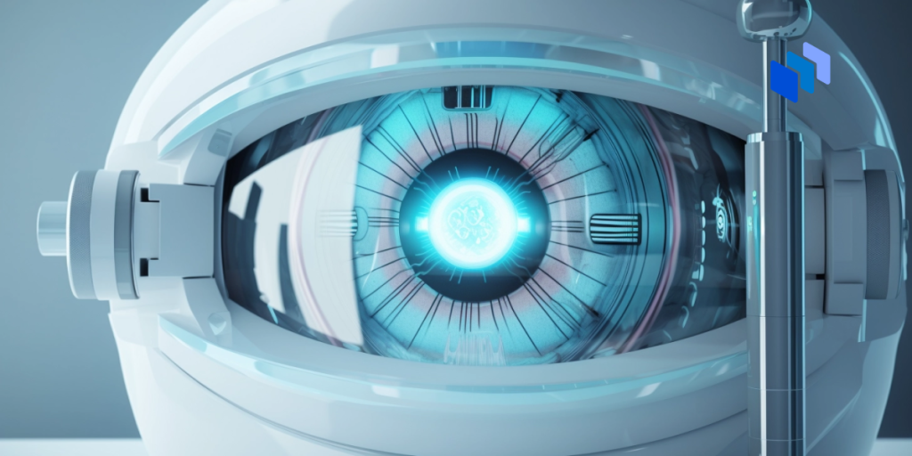 AI cancer treatment: robot eye, AI generated